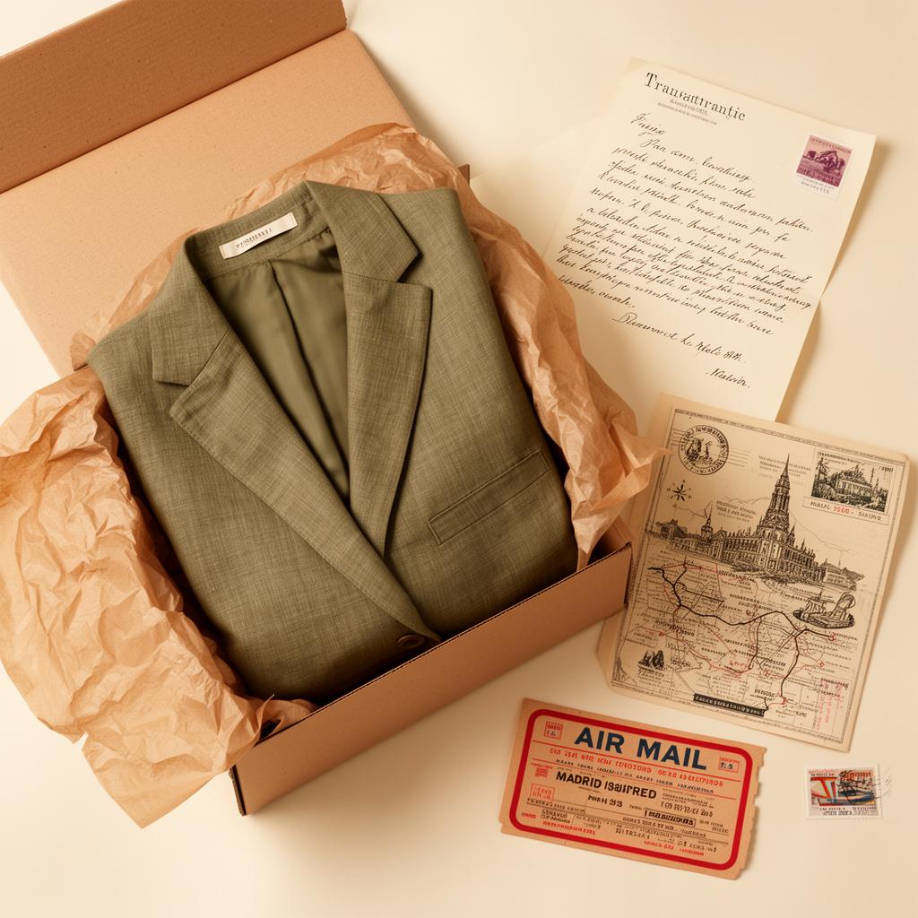 Encomienda Casa Lino Circular: blazer de lino verde oliva en caja kraft con elementos postales vintage